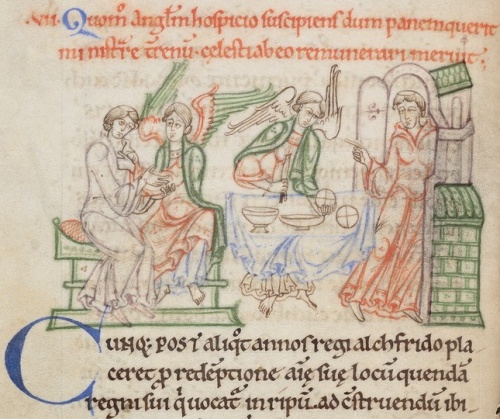 How he entertained an angel, and whilst ministering to him earthly bread, was thought worthy to be rewarded with bread from heaven © The Master and Fellows of University College, Oxford How he entertained an angel, and whilst ministering to him earthly bread, was thought worthy to be rewarded with bread from heaven © The Master and Fellows of University College, Oxford