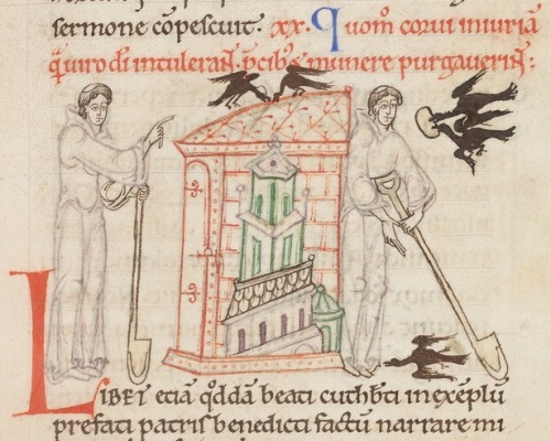 How the crows apologized to the man of God for the injury which they did him, and made him a present in compensation. © The Master and Fellows of University College, Oxford How the crows apologized to the man of God for the injury which they did him, and made him a present in compensation. © The Master and Fellows of University College, Oxford